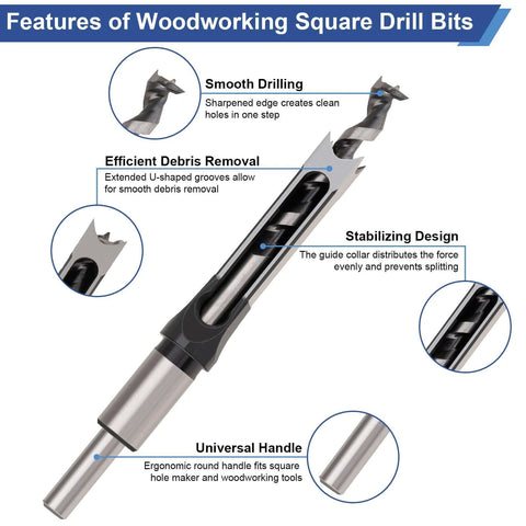 Devvicoo 6-piece square-hole mortise drill bit set; bearing steel bits for mortise and tenon machines (Amazon)