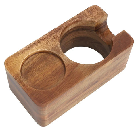 Rock Steady 58 Mm Coffee Tamper Stand With Solid Hardwood Portafilter Holder For Smooth Espresso Pulls and Slip Proof Tamping Platform For Serious Brew Squad, top view.