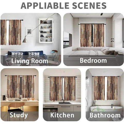 Cozy Farmhouse Brown Curtains with Rustic Barn Door Plank Look shown in living room, bedroom, study, kitchen, and bathroom settings.