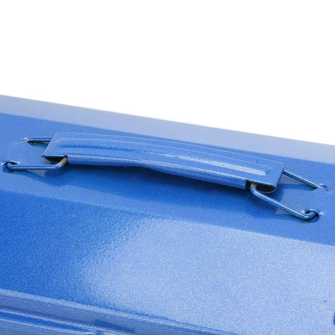 Close-up of the handle on the Badass Heavy Duty Iron Toolbox With Secure Lock And Reinforced Cross Punched Base 24 Inch Multifunctional Tool Chest.