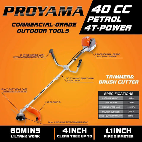 40cc Gas Powered Beast Of A Brush Cutter With 4 Cycle Engine display with specifications and features highlighted