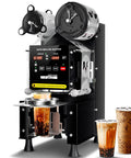 Fully Automatic Cup Sealing Machine 90 To 95mm Electric Sealer With Digital LCD Control Panel For Bubble Tea And Coffee Black 500 To 600 Cups Per Hour One Pass Operation showing LCD panel and sealed beverages