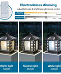 Dope Solar Column Lights IP65 Waterproof Outdoor Post Lamp with Remote Control showing light color adjustments