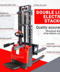 Full electric pallet stacker with red base and black mast; walk-behind design, forks extended and joystick control.