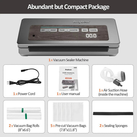 All-In-One Vacuum Sealer Machine with Wide Seal, Power Cord, User Manual, Air Suction Hose, Bag Rolls, Pre-Cut Bags, Sealing Sponges