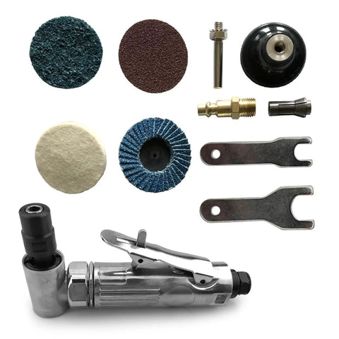 Pro Grade Pneumatic Angled Grinder Kit With Rubber Sanding Discs And 80 Grit Pads featuring various discs and steel components.
