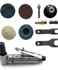 High Rpm Pneumatic Angled Grinder Tool Set With Swappable Collets Lightweight One Hand Design accessories and collets laid out.
