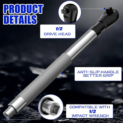 One Half Inch Offset Extension Wrench For Impact Drills With Three Eighths Inch And One Quarter Inch Adapters, front view