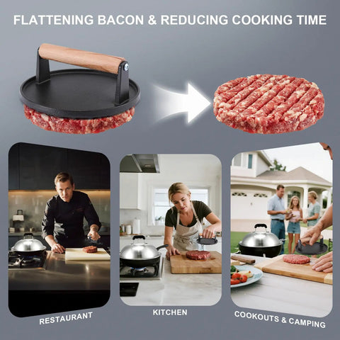 7 Inch Cast Iron Smash Burger Press Kit With 12.5 Inch Heavy Duty Griddle Dome And Patty Papers for versatile cooking use.