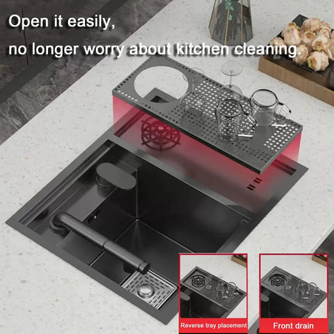 Stainless Steel Kitchen Sink Faucet with Pull Down Sprayer 18 Gauge, modern design with a clean kitchen layout.