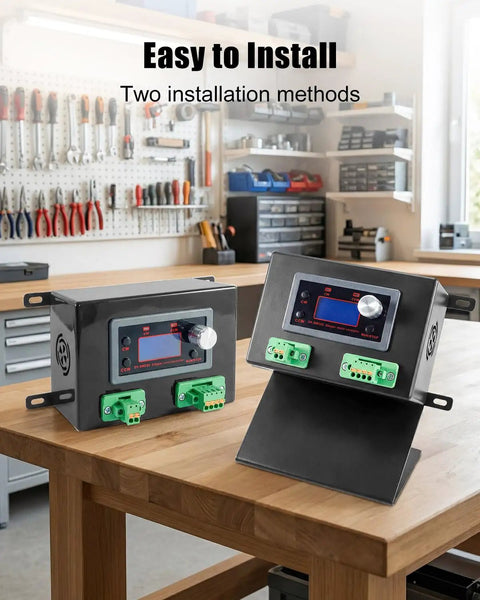 All In One Stepper Motor Driver Controller For NEMA 17 And 23 Motors displayed on a workbench with installation options