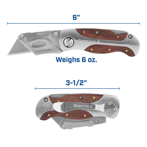 Heavy Duty Hardwood Folding Utility Knife With Foolproof Quick Swap Blades And Grip Tight Lock Back Design, 6-inch blade, 6 oz weight