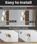 Installation guide for Crystal Cabinet Knobs Eight Pack Glass Pulls With Brushed Nickel Base showing two installation methods.