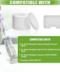 Image showing Six Pack Premium Shark Navigator Deluxe Upright Vacuum Filter Replacement Set With Six Post Filters And Six Foam Cushions For NV42 NV4231 NV4226 NV44 NV4426 NV46 NV4626 NV36 NV36A UV402 Fits XFF36, highlighting compatibility with Shark Navigator vacuums.