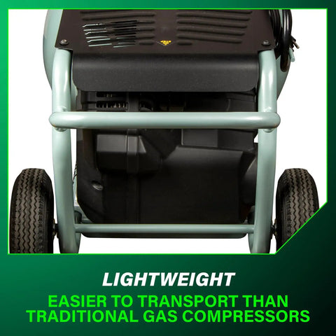 Rear view of The Tank 8 Gallon Trolley Air Compressor With 225 PSI Built For Framing Siding Finish Or Roofing Nailers, showing rugged tires.