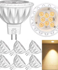 Built Tough MR16 LED Spotlight Bulbs GU53 Base 12V 3 Watt 35 Watt Equivalent set of six displaying warm white light on wall.