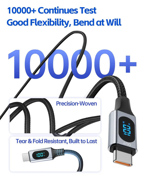 100W USB C Cable With LED Display For DJI Drones And Action Cameras Nylon Braided Type C Fast Charging Cord 3.3 Foot