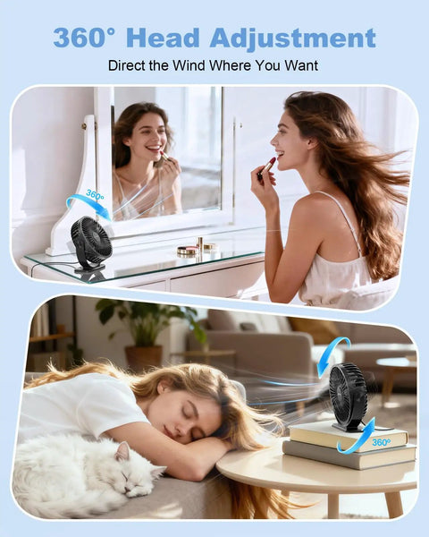 Tiny But Mighty USB Desk Fan With Three Speeds, 360 Degree Rotation on desk near a woman applying makeup, quiet personal cooling