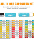 All In One Capacitor Kit With 608 Pieces And 30 Values From 0.047uF To 680uF In 10V To 50V, showing labeled storage compartments