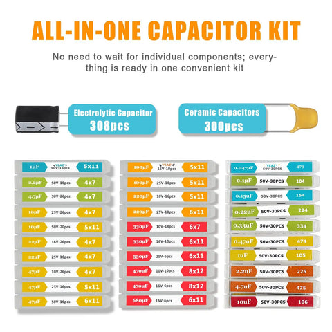 All In One Capacitor Kit With 608 Pieces And 30 Values From 0.047uF To 680uF In 10V To 50V, showing labeled storage compartments