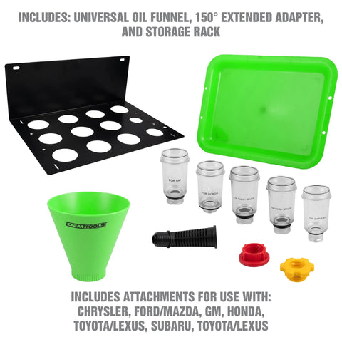No Spill Oil Funnel Kit With 8 Attachments And Transparent Chamber For Direct Fit Threaded Filler Necks Compatible With Chrysler Ford Mazda GM Honda Toyota And Lexus laid out with storage rack and adapters