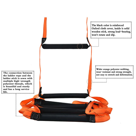 Close-up of 9.8 Feet Fire Escape Rope Ladder with fiberglass supports, showcasing non-slip steps and reinforced stitching.