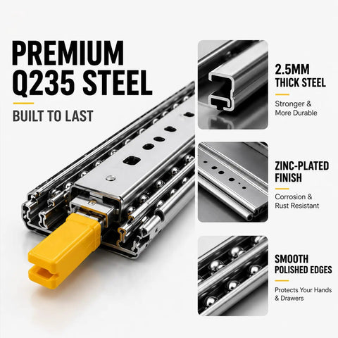 Beefy 500 Lbs Drawer Slides With 3 Fold Full Extension Rugged Steel Cabinet Rails For Heavy Gear Smooth Glide Secure Locking Non Removable Lock Industrial Grade Performance, 2.5mm Q235 steel