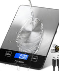 Digital Food Scale For Home Cooks, 33lb Capacity, 1g Precision, stainless steel scale under water stream with USB-C and batteries
