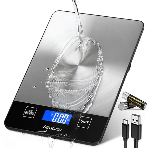 Digital Food Scale For Home Cooks, 33lb Capacity, 1g Precision, stainless steel scale under water stream with USB-C and batteries