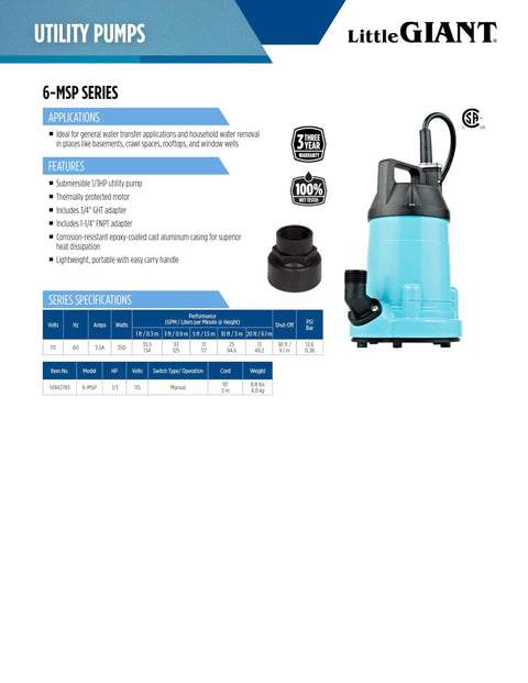 6-MSP 115V 1/3 HP Aluminum Utility Pump For Water Transfer And Flood Cleanup, 2130 GPH, Manual Operation, Blue