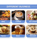 Different food options for a Turnkey Mobile Food Truck And Portable Snack Cart Commercial Kitchen Setup Coffee Bar Or Burger Grill Hustle.