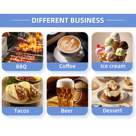 Different food options for a Turnkey Mobile Food Truck And Portable Snack Cart Commercial Kitchen Setup Coffee Bar Or Burger Grill Hustle.