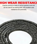 Coiled graphite braided packing rope, 10 ft, 1/8 in × 1/8 in, high-temp sealing for pumps and valves.