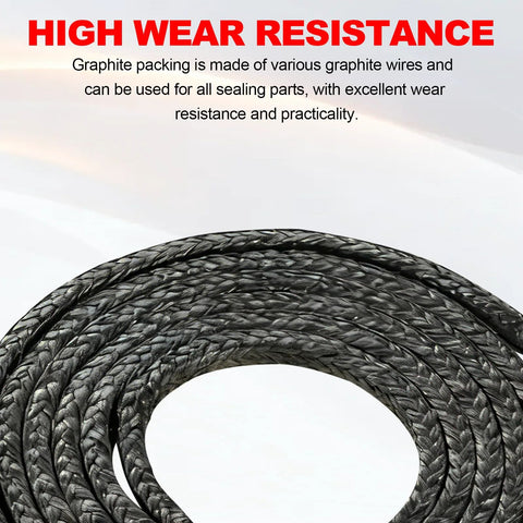 Coiled graphite braided packing rope, 10 ft, 1/8 in × 1/8 in, high-temp sealing for pumps and valves.