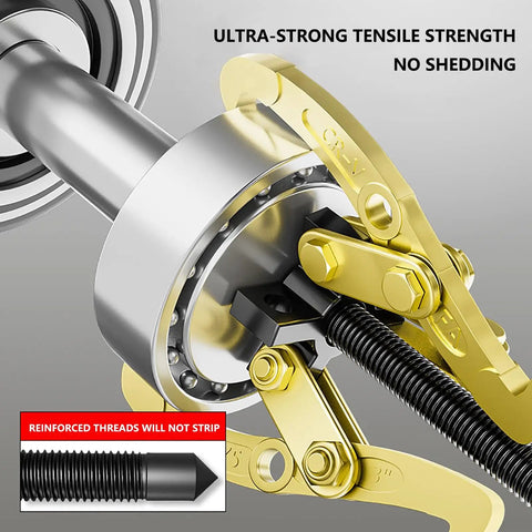 Heavy Duty Bearing Puller With Swappable Two Or Three Jaw Config For Zero Hassle Flywheel And Gear Removal In 10 Inch 5 Ton High Carbon Steel close-up showing gold jaws and reinforced threads.