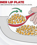 Illustration of the Spillproof Lip Plate For Adults With Inner Lip Guide showing food guided by the inner lip onto a spoon.