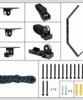 Ceiling Hoist For Cargo Box And Gear Heavy Duty Garage Storage Lift With Triple Pulley System Holds Up To 150 Lbs Fits 10 To 14 Foot Ceilings Overhead Space Saver installation hardware and components, including pulleys, screws, and rope.