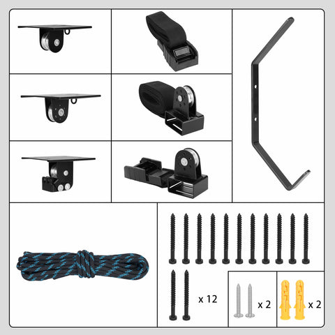 Ceiling Hoist For Cargo Box And Gear Heavy Duty Garage Storage Lift With Triple Pulley System Holds Up To 150 Lbs Fits 10 To 14 Foot Ceilings Overhead Space Saver installation hardware and components, including pulleys, screws, and rope.