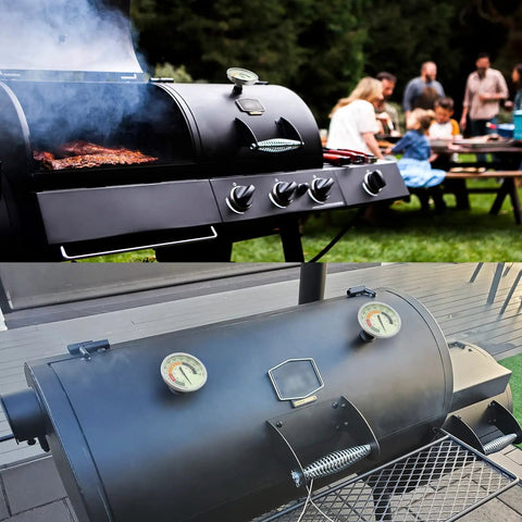 Outdoor barbecue grill with Three And One Eighth Inch Luminous BBQ Thermometer Gauge Replacement For Smokers And Grills visible