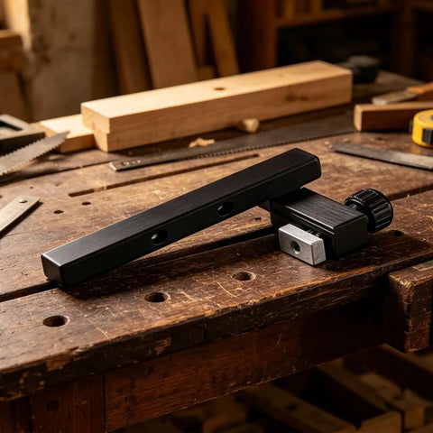 Beefy T Slot Stop Block 80 By 10 Mm With 25 Mm Slider Hand Tightening Fence Stops on a woodworking bench