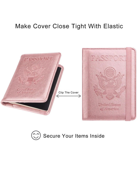 RFID Passport Holder For Travel Wallet With Pen Loop Elastic Closure And PU Leather Card Holder Passport Book Cover For Women And Men Rose Gold Accents