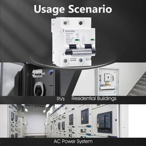 Two Pole 80 Amp AC Circuit Breaker For 120V Or 240V With DIN Rail Mount in various installation scenarios.