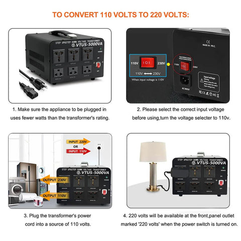 Instructional diagram for Beefy 5000 Watt Voltage Converter Transformer For Heavy Duty Step Up And Step Down From 110-120V To 220-240V