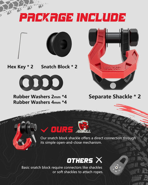 Heavy Duty D Ring Shackle Set With Snatch Block Pulley Two Pack Three Quarter Inch Shackles For Tow Winch And Off Road Recovery Pulley For Truck ATV UTV Beefy Black Red Finish Ready For Any Terrain package contents with shackles, snatch blocks, washers, and hex keys