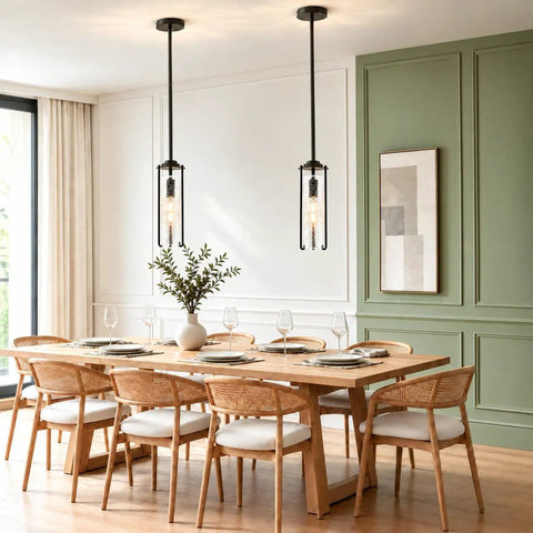 SeeU 2-Pack Black Pendant Light Kitchen Island, Crackle Glass Light Fixture over a wooden dining table.
