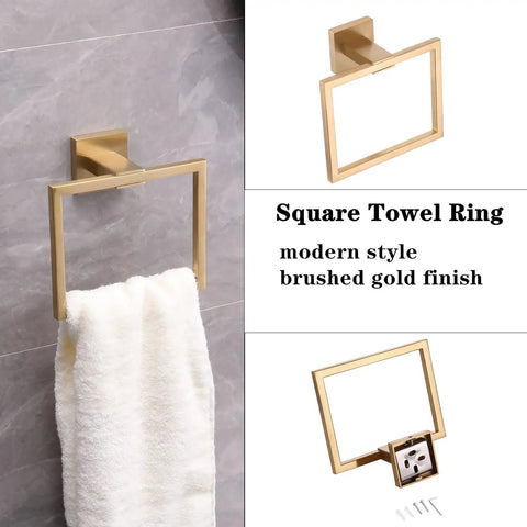 Brushed Gold Stainless Steel 5 Piece Bathroom Hardware Set With 22 Inch Towel Bar And Towel Rack Dope Upgrade For Your Bath Rustproof SUS 304 Accessories Kit focusing on square towel ring