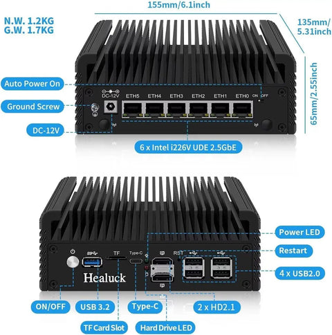 Intel N97 Fanless Mini Computers Networking Appliance Straight Up Easy Setup With Six 2.5GbE LanPorts Plus Ddr5 Ram And Nvme Storage, 155x135x65mm.