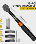 32 Piece Bike Torque Wrench Set With One Quarter Inch Drive Click Wrenches And Bit Kit, 22.8cm Length, Tools Displayed