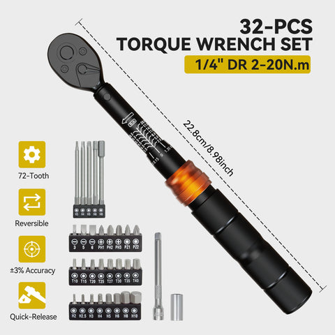 32 Piece Bike Torque Wrench Set With One Quarter Inch Drive Click Wrenches And Bit Kit, 22.8cm Length, Tools Displayed