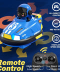 Image of a blue cartoon remote control bumper car with a driver figure, showcasing all directions control and a remote.